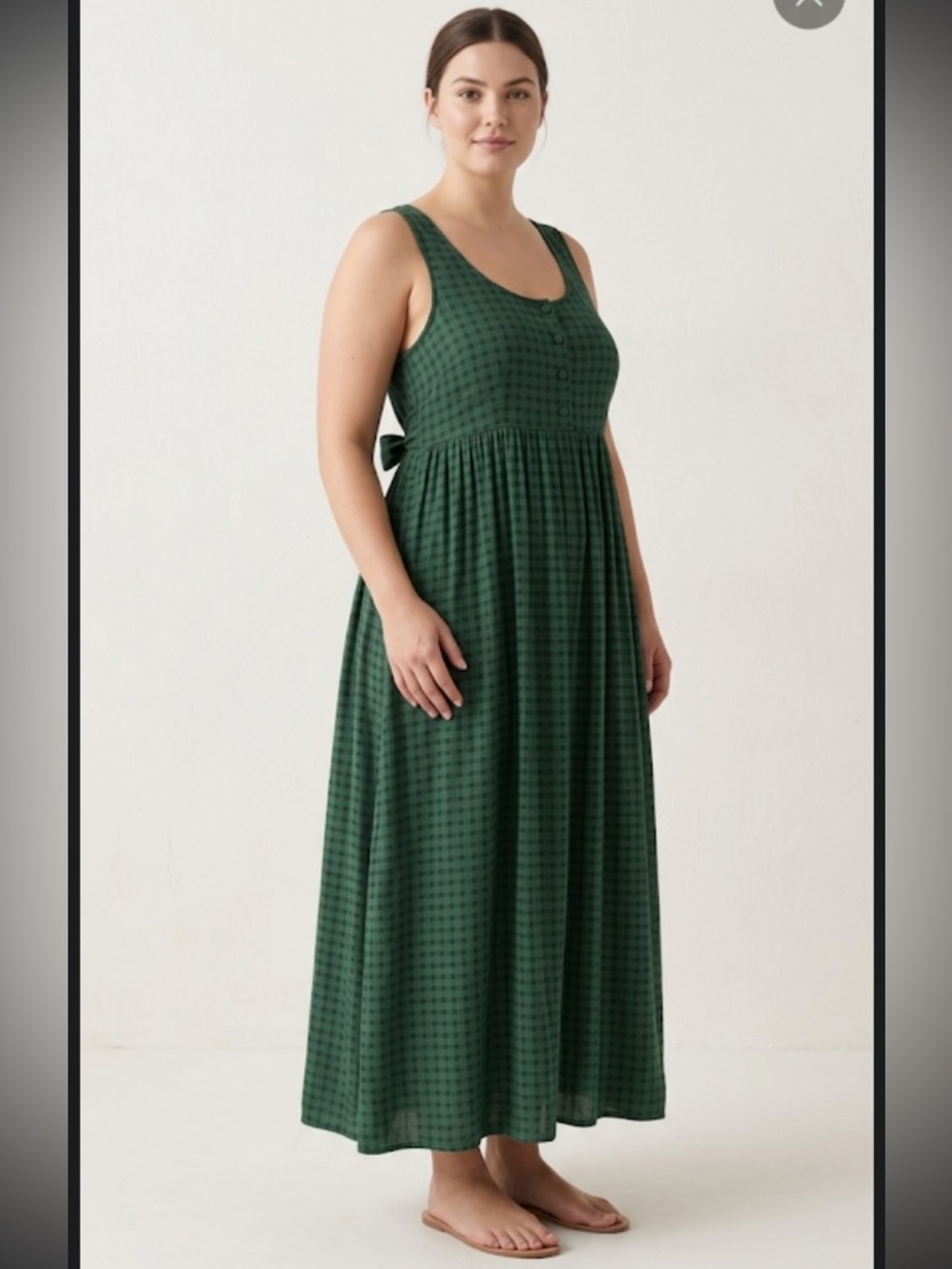 VTG 90s Take Nine Maternity Green Plaid Maxi Jumper Dress Rayon Tie Back L Flowy
